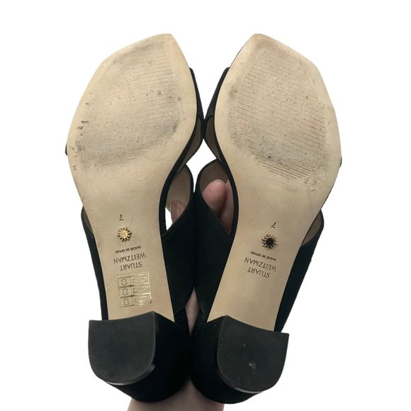 Stuart Weitzman Aletha Black Suede Cross Strap Square Toe Heeled Sandals - Picture 8 of 11